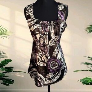 💜 Y2K Vintage Silky Square Neck Blouse | Purple & Black Paisley Top (S)